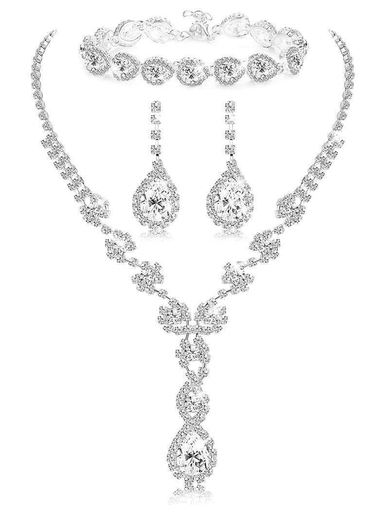 LOYALLOOK Women's Rhinestone Teardrop Necklace Bracelets and Dangle Earrings Jewerry Sets for Proms Weddings - Image 1